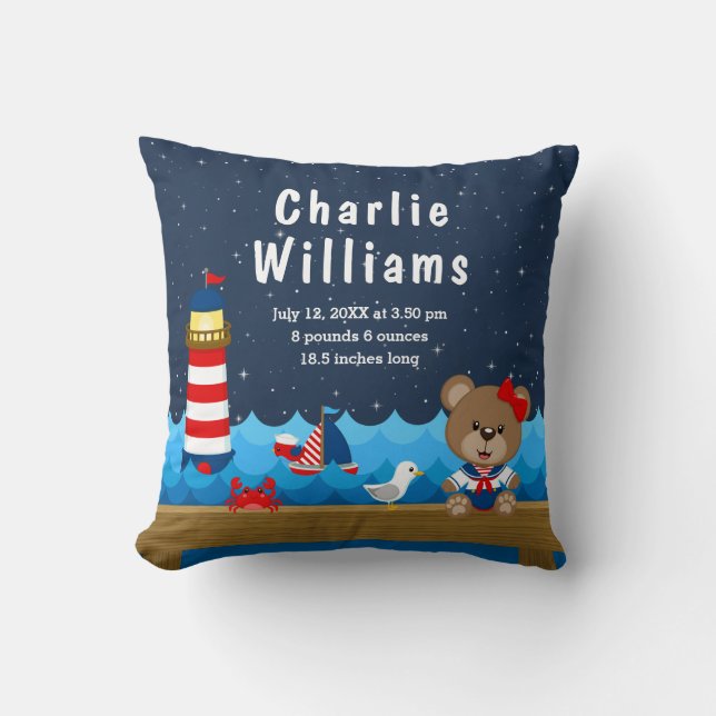 Nautical Girl Bear Red Navy Birth Statistics Throw Pillow (Front)