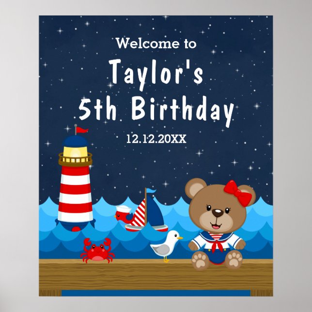 Nautical Girl Bear Red Navy Birthday Welcome Poster (Front)