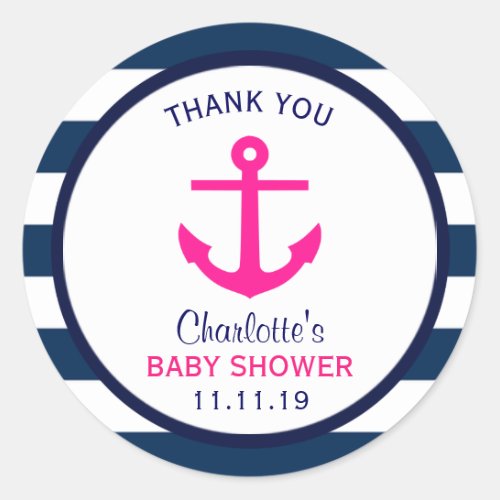 Nautical GIRL Hot Pink Navy Blue Baby Shower Favor Classic Round Sticker