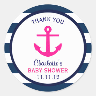 Nautical GIRL Hot Pink Navy Blue Baby Shower Favor Classic Round Sticker