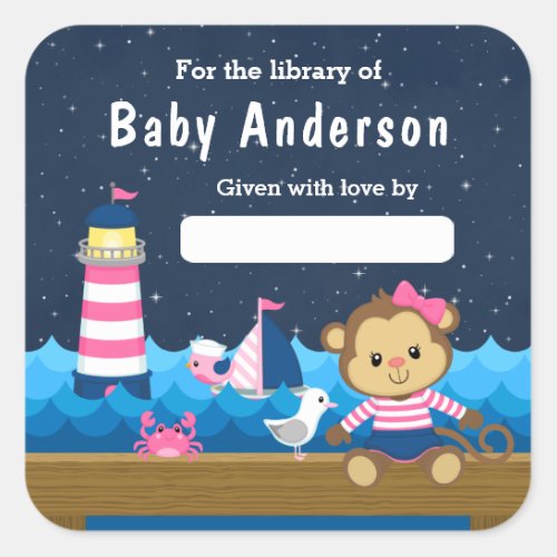 Nautical Girl Monkey Pink and Navy Baby Bookplate