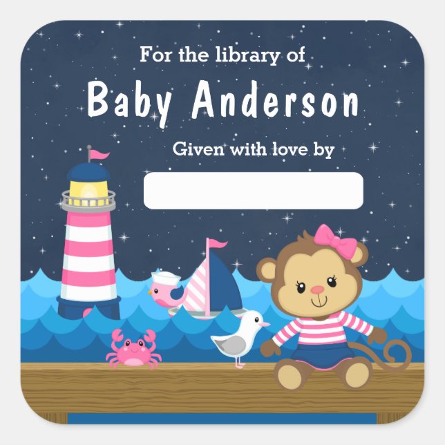 Nautical Girl Monkey Pink and Navy Baby Bookplate (Front)