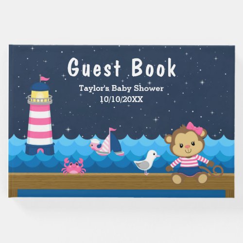 Nautical Girl Monkey Pink and Navy Baby Shower Guest Book