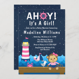 Nautical Girl Monkey Pink and Navy Baby Shower Invitation