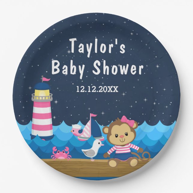 Nautical Girl Monkey Pink and Navy Baby Shower Paper Plates (Front)