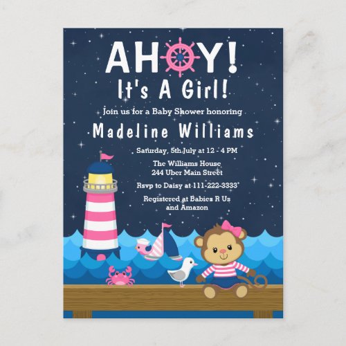 Nautical Girl Monkey Pink and Navy Baby Shower Postcard
