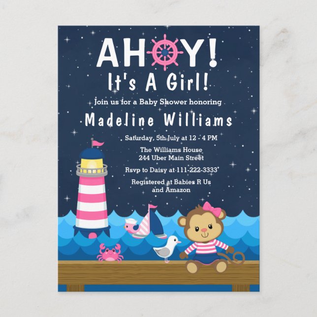Nautical Girl Monkey Pink and Navy Baby Shower Postcard (Front)
