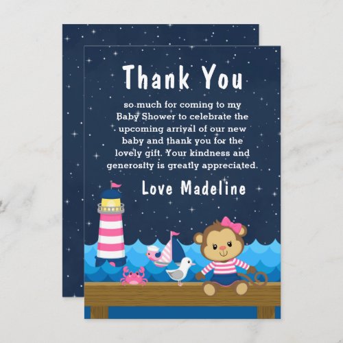 Nautical Girl Monkey Pink and Navy Baby Shower Thank You Card