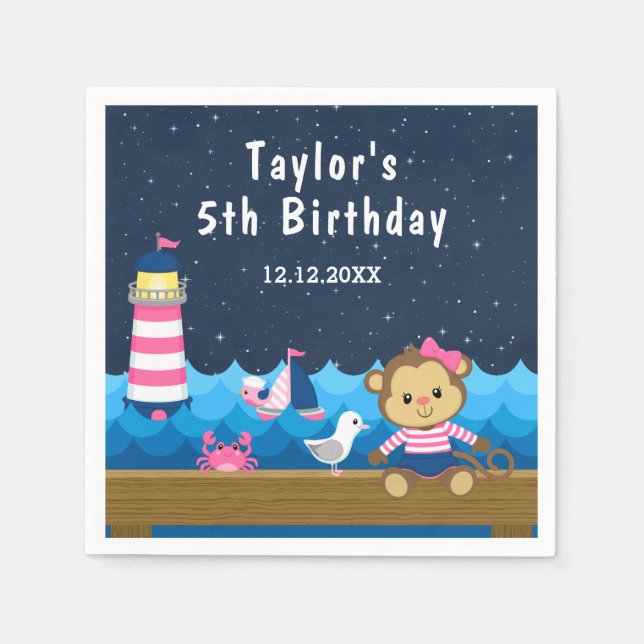 Nautical Girl Monkey Pink and Navy Birthday Party Napkins (Front)
