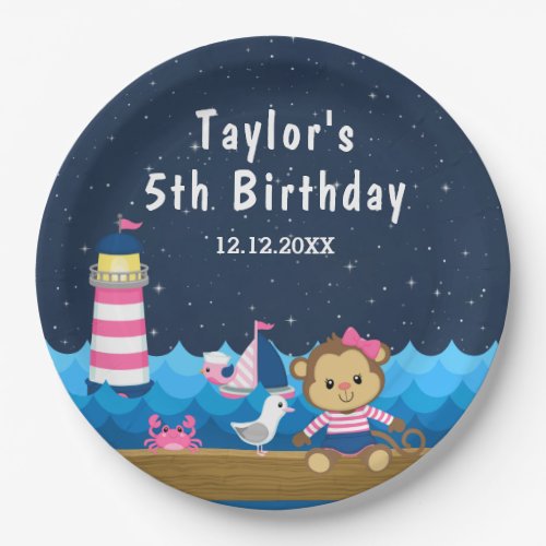 Nautical Girl Monkey Pink and Navy Birthday Party Paper Plates