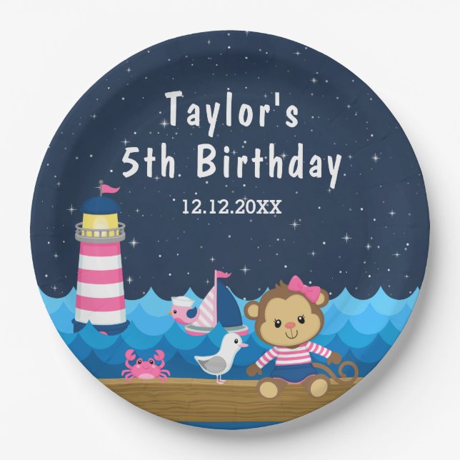 Nautical Girl Monkey Pink and Navy Birthday Party Paper Plates (Front)