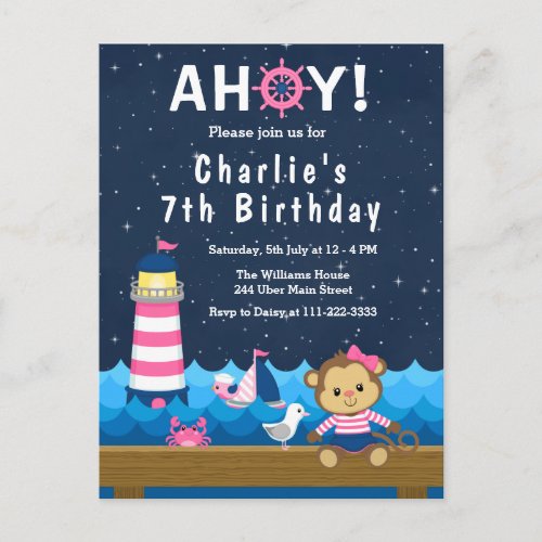 Nautical Girl Monkey Pink and Navy Birthday Party Postcard