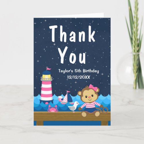 Nautical Girl Monkey Pink and Navy Birthday Party Thank You Card
