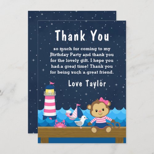 Nautical Girl Monkey Pink and Navy Birthday Party Thank You Card