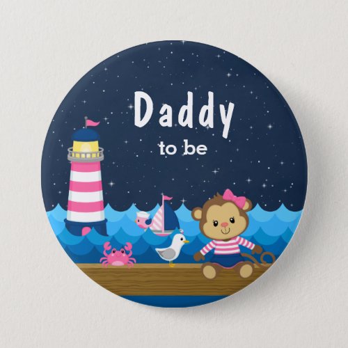Nautical Girl Monkey Pink and Navy Daddy To Be Button