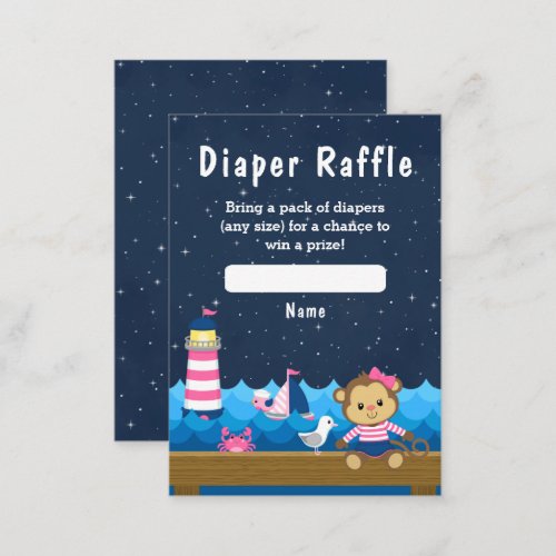 Nautical Girl Monkey Pink and Navy Diaper Raffle Enclosure Card