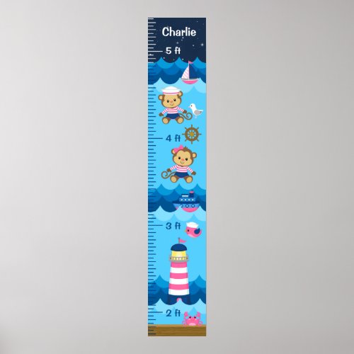 Nautical Girl Monkey Pink and Navy Growth Chart