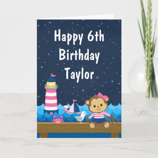 Nautical Girl Monkey Pink and Navy Happy Birthday Card (Front)