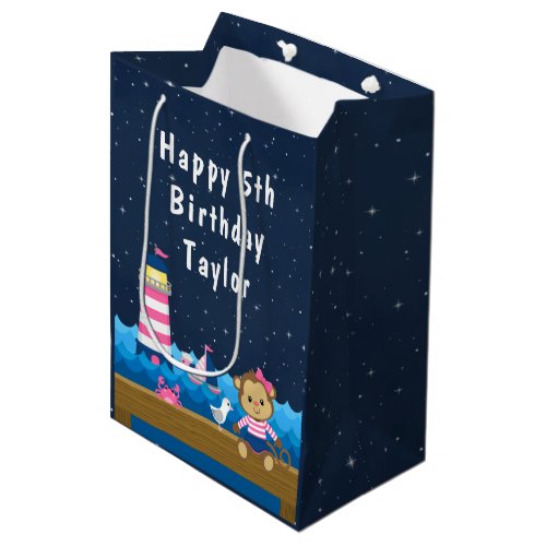 Nautical Girl Monkey Pink and Navy Happy Birthday Medium Gift Bag