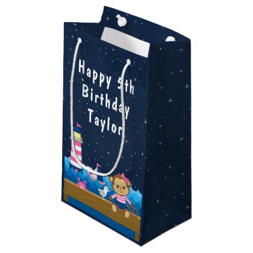 Nautical Girl Monkey Pink and Navy Happy Birthday Small Gift Bag
