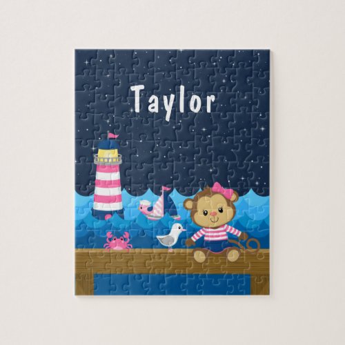 Nautical Girl Monkey Pink and Navy Jigsaw Puzzle