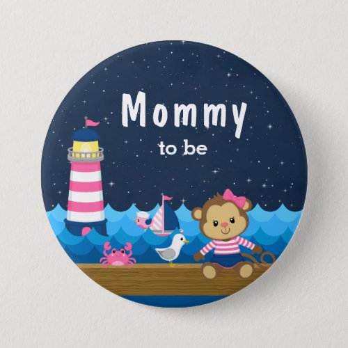 Nautical Girl Monkey Pink and Navy Mommy To Be Button
