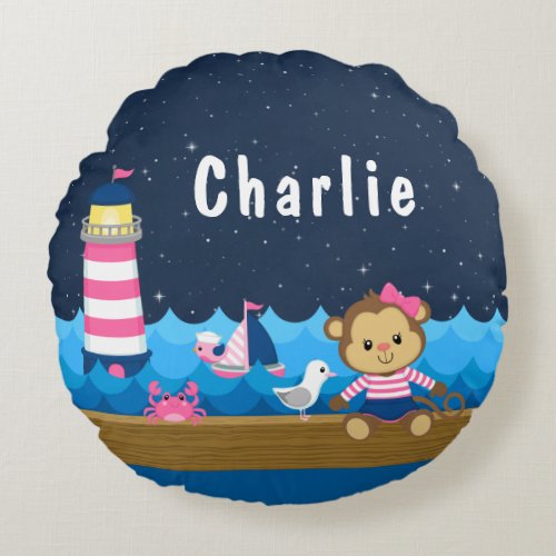 Nautical Girl Monkey Pink and Navy Round Pillow