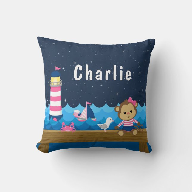 Nautical Girl Monkey Pink and Navy Throw Pillow (Front)