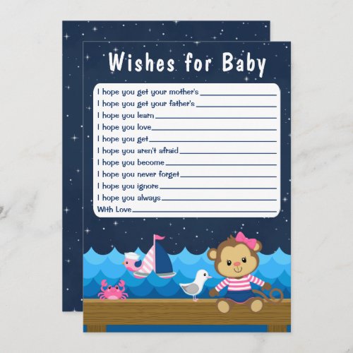 Nautical Girl Monkey Pink and Navy Wishes For Baby Invitation
