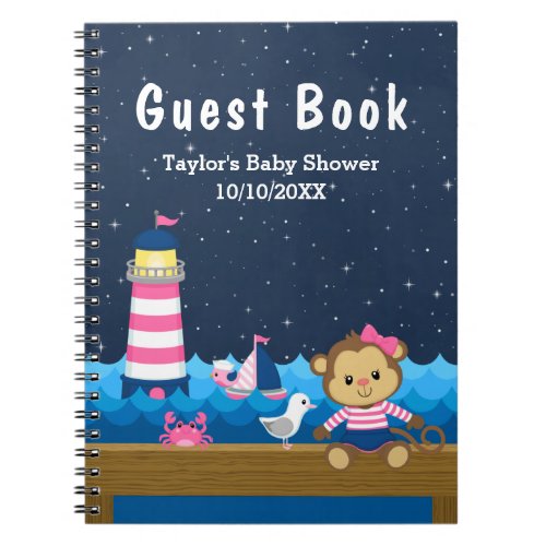 Nautical Girl Monkey Pink Baby Shower Guest Book
