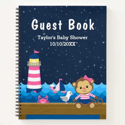 Nautical Girl Monkey Pink Baby Shower Guest Book