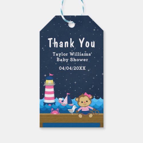 Nautical Girl Monkey Pink Baby Shower Thank You Gift Tags