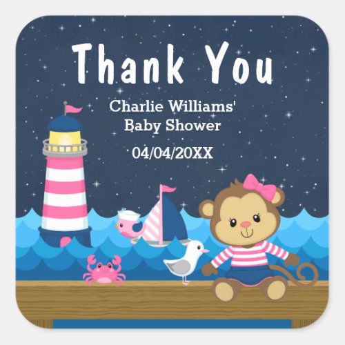 Nautical Girl Monkey Pink Baby Shower Thank You Square Sticker