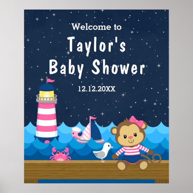 Nautical Girl Monkey Pink Navy Baby Shower Welcome Poster (Front)