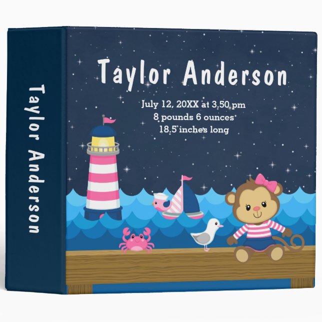 Nautical Girl Monkey Pink Navy Birth Statistics 3 Ring Binder (Front/Spine)