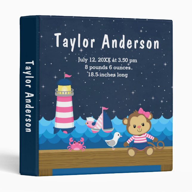 Nautical Girl Monkey Pink Navy Birth Statistics 3 Ring Binder (Front/Spine)