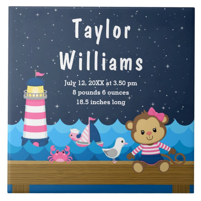 Nautical Girl Monkey Pink Navy Birth Statistics Ceramic Tile (Front)