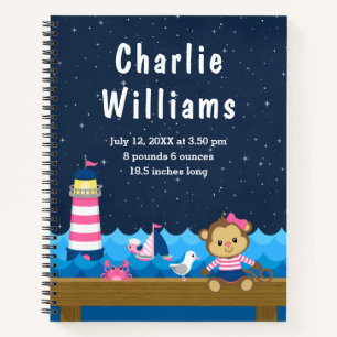 Nautical Girl Monkey Pink Navy Birth Statistics Notebook