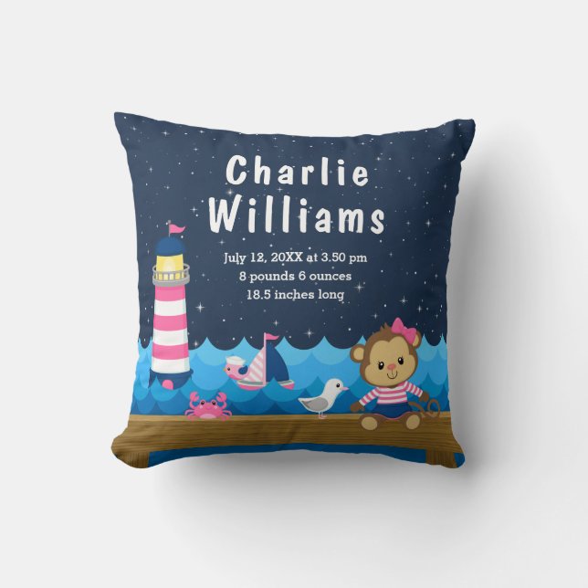 Nautical Girl Monkey Pink Navy Birth Statistics Throw Pillow (Front)
