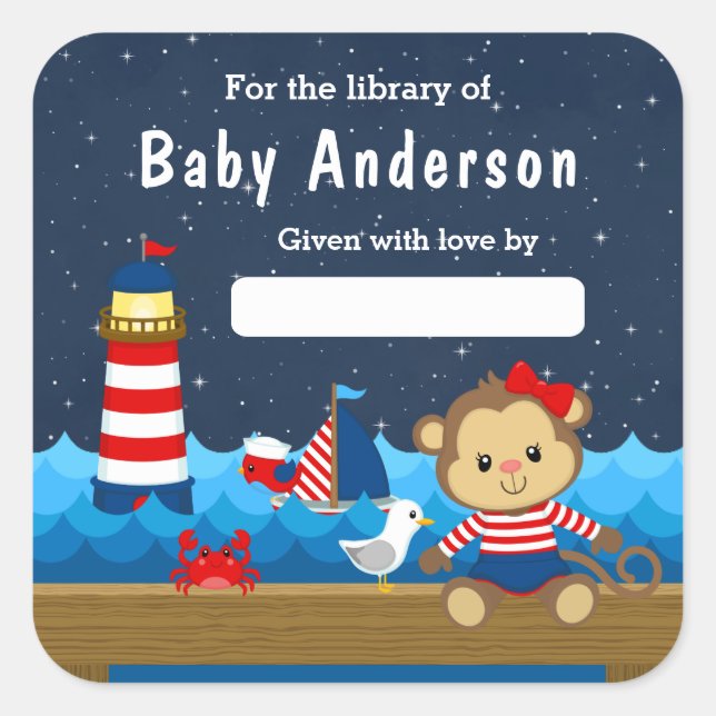 Nautical Girl Monkey Red and Navy Baby Bookplate (Front)