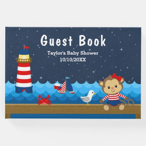 Nautical Girl Monkey Red and Navy Baby Shower Guest Book