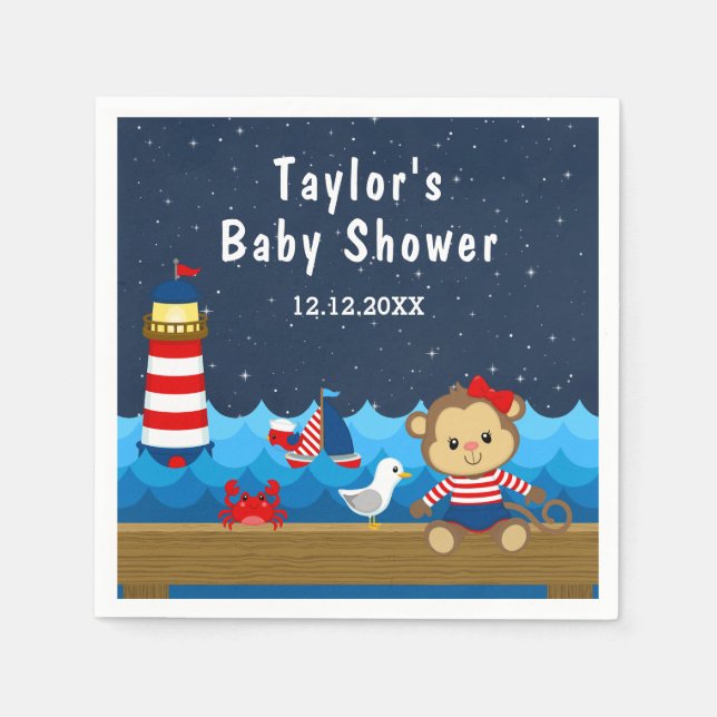 Nautical Girl Monkey Red and Navy Baby Shower Napkins (Front)