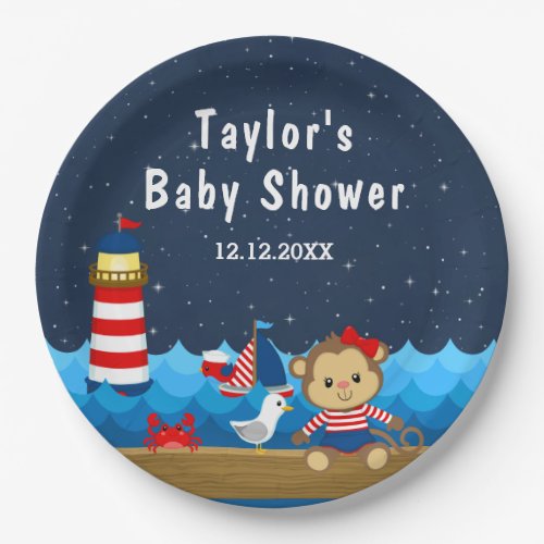Nautical Girl Monkey Red and Navy Baby Shower Paper Plates