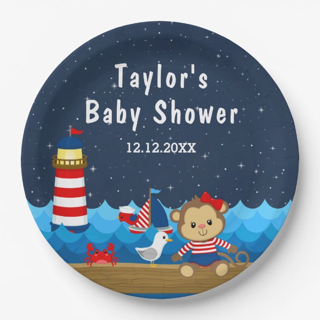 Nautical Girl Monkey Red and Navy Baby Shower Paper Plates (Front)
