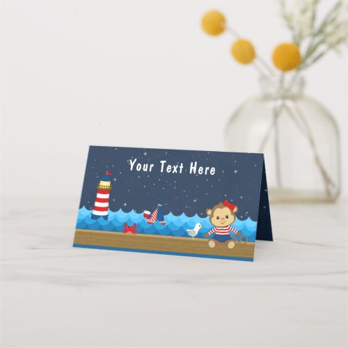 Nautical Girl Monkey Red and Navy Baby Shower Place Card