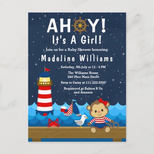 Nautical Girl Monkey Red and Navy Baby Shower Postcard