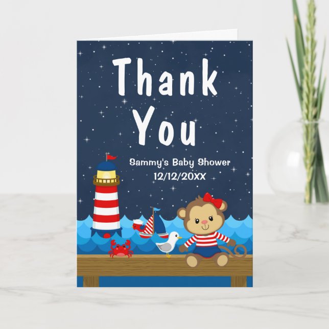 Nautical Girl Monkey Red and Navy Baby Shower Thank You Card (Front)