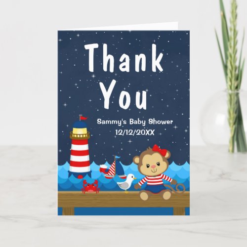 Nautical Girl Monkey Red and Navy Baby Shower Thank You Card