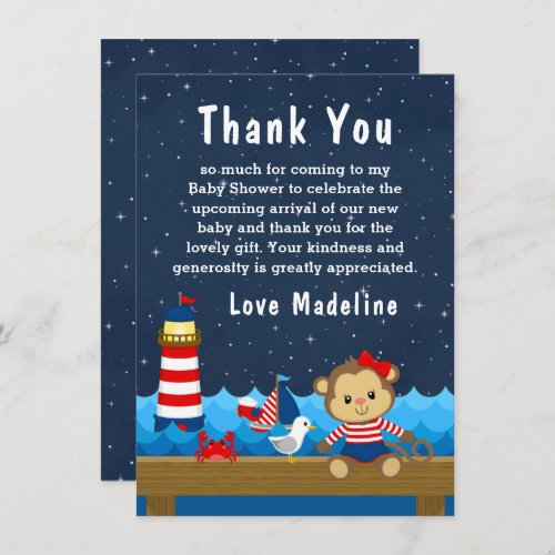 Nautical Girl Monkey Red and Navy Baby Shower Thank You Card