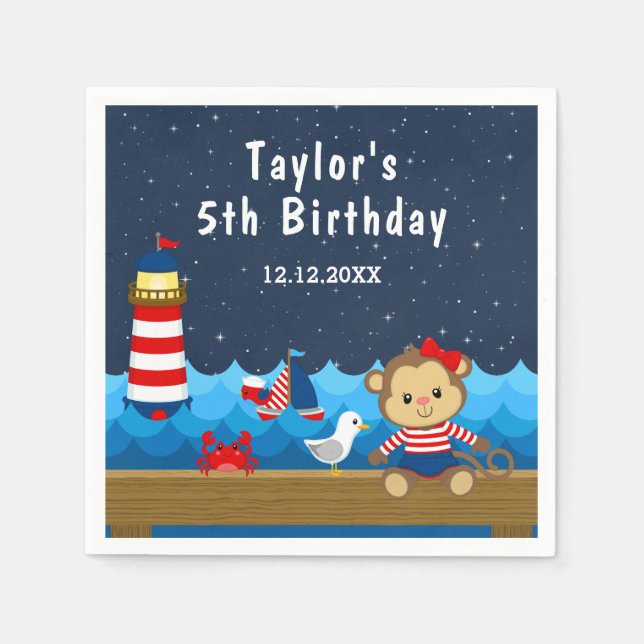 Nautical Girl Monkey Red and Navy Birthday Party Napkins (Front)